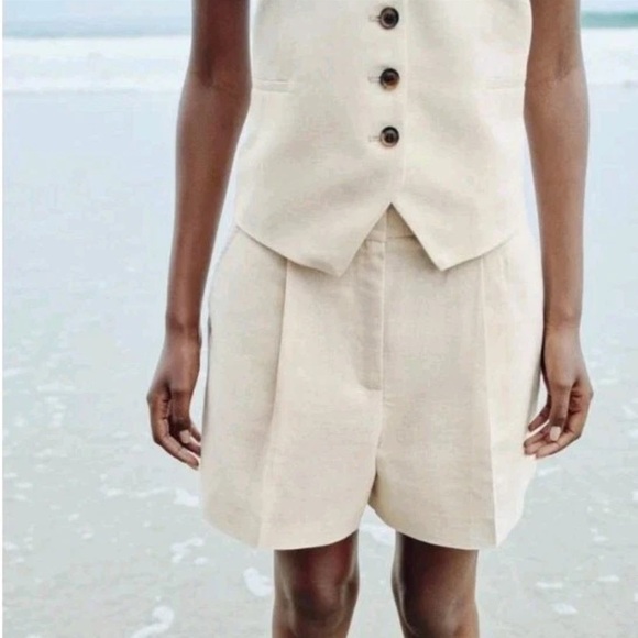 Zara Pleated High Rise Linen Blend Short Size M - Picture 3 of 11
